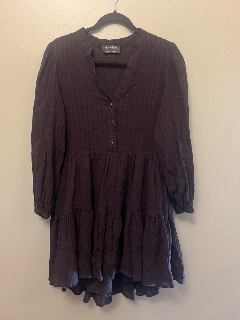 MINKPINK Black Tiered V-Neck Button Dress
